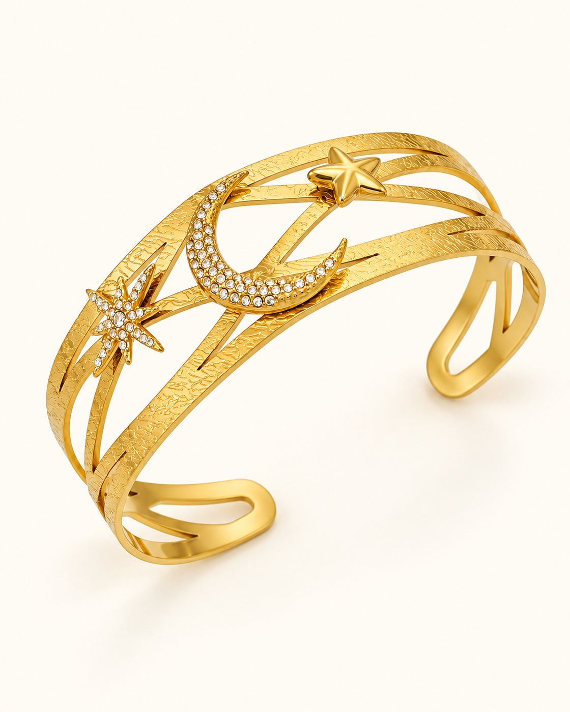 18K Gold PVD Celestial Star & Moon Zircon Cuff Bracelet