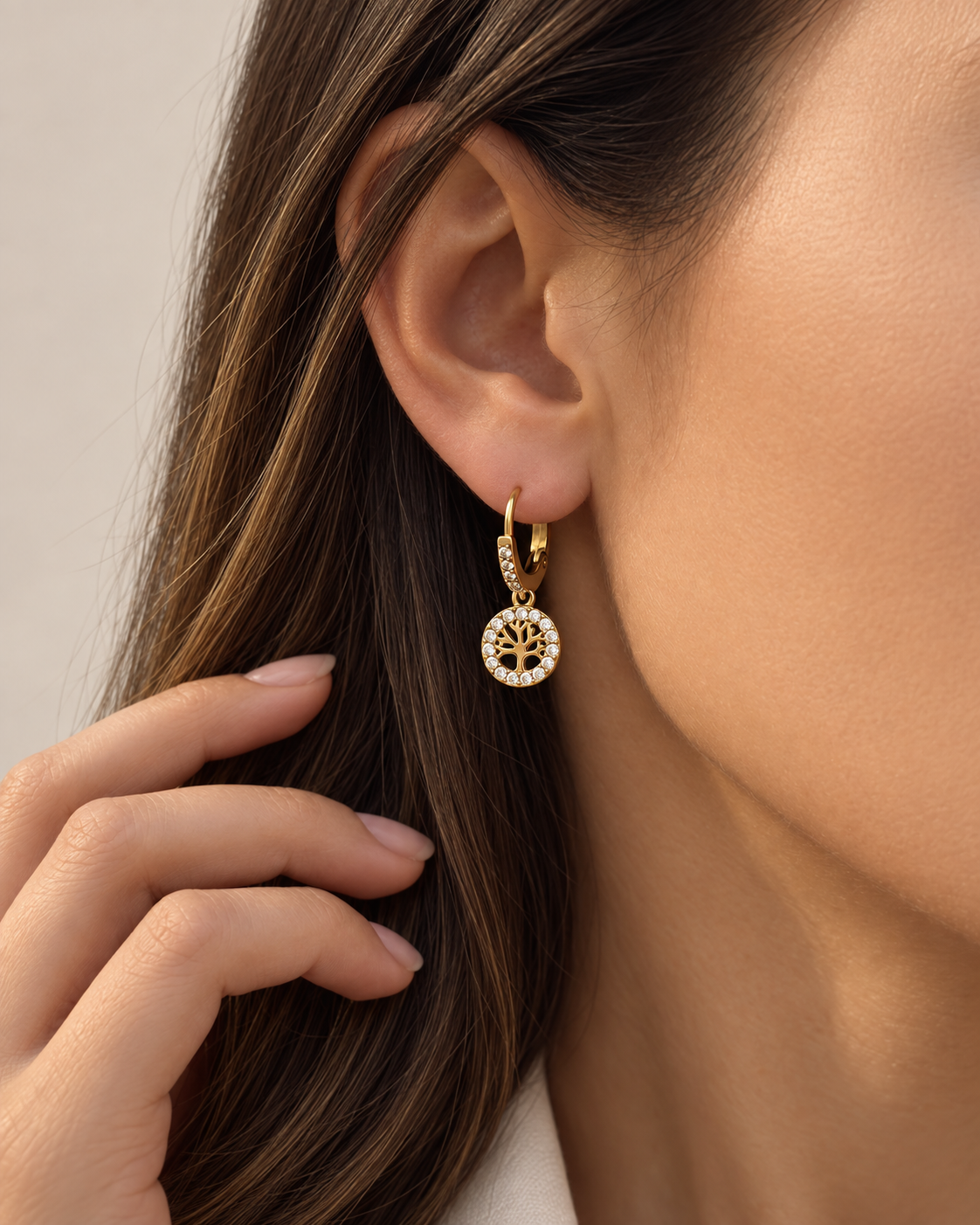 Tree of Life Zircon Huggie Drop Earrings
