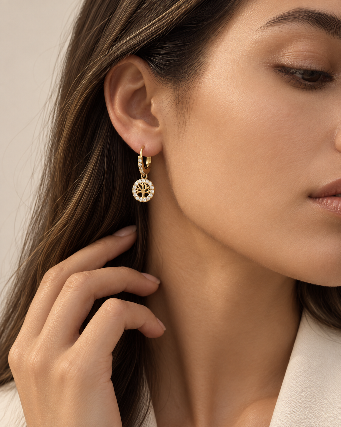 Tree of Life Zircon Huggie Drop Earrings