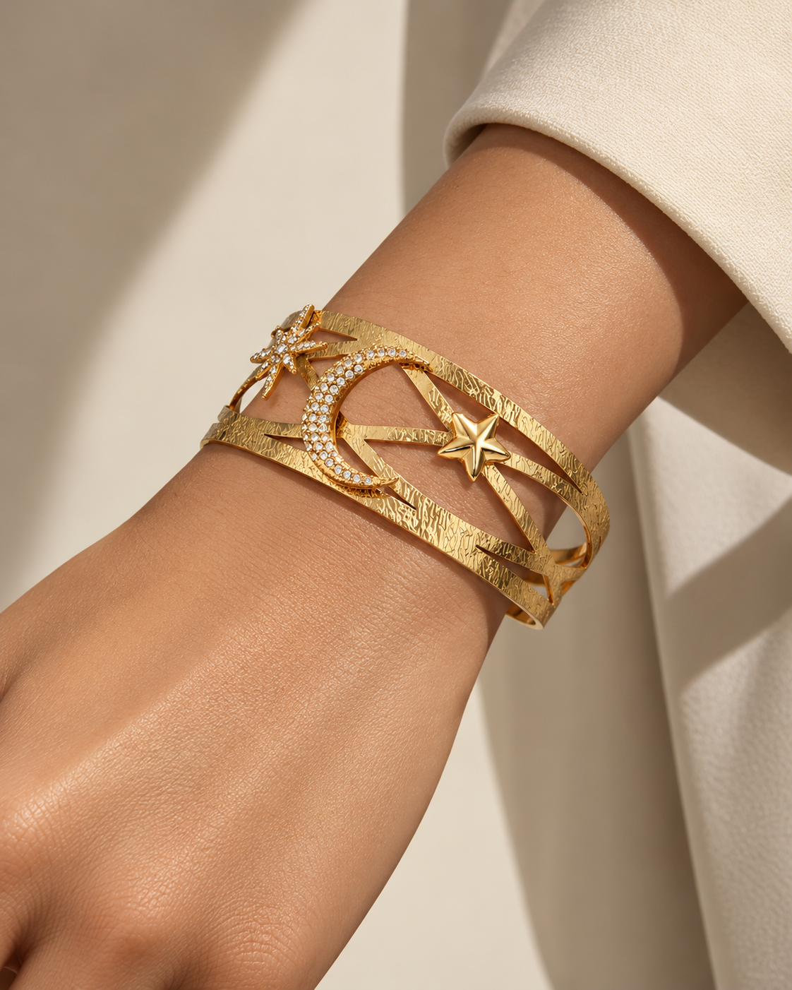 Celestial Star & Moon Zircon Cuff Bracelet