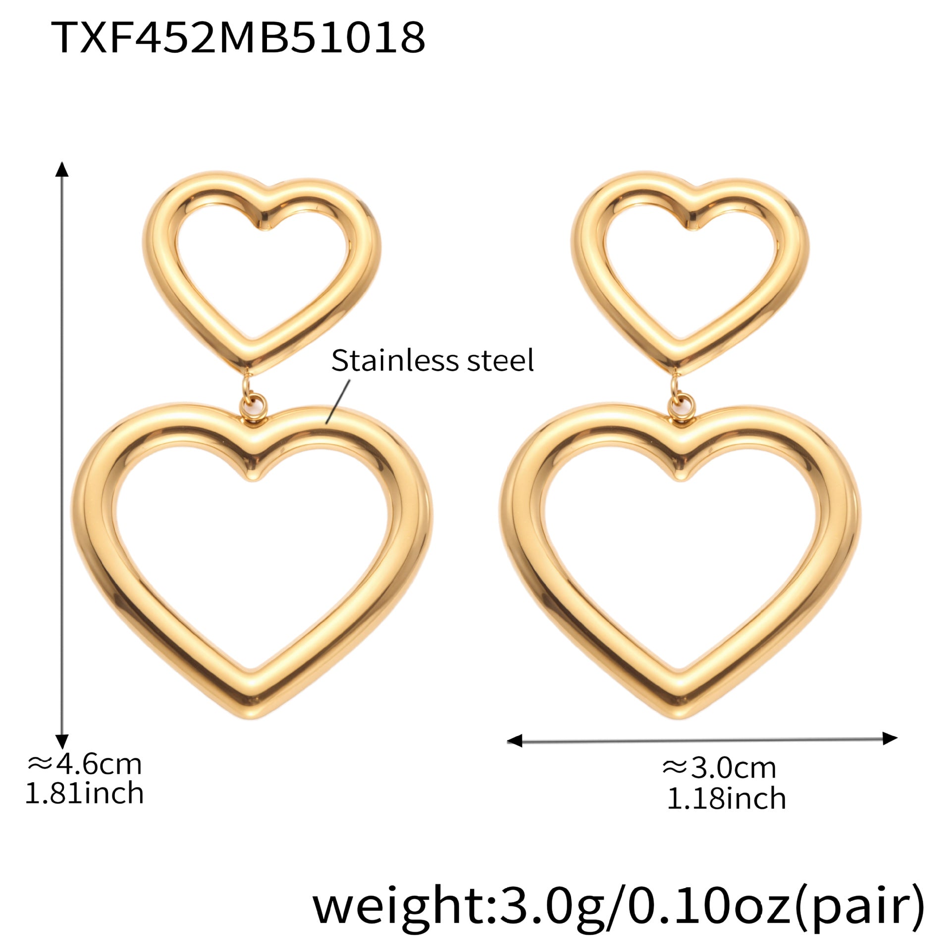Heart Stainless Steel Earrings — 18K Gold PVD — FOG-ER-0505-GD