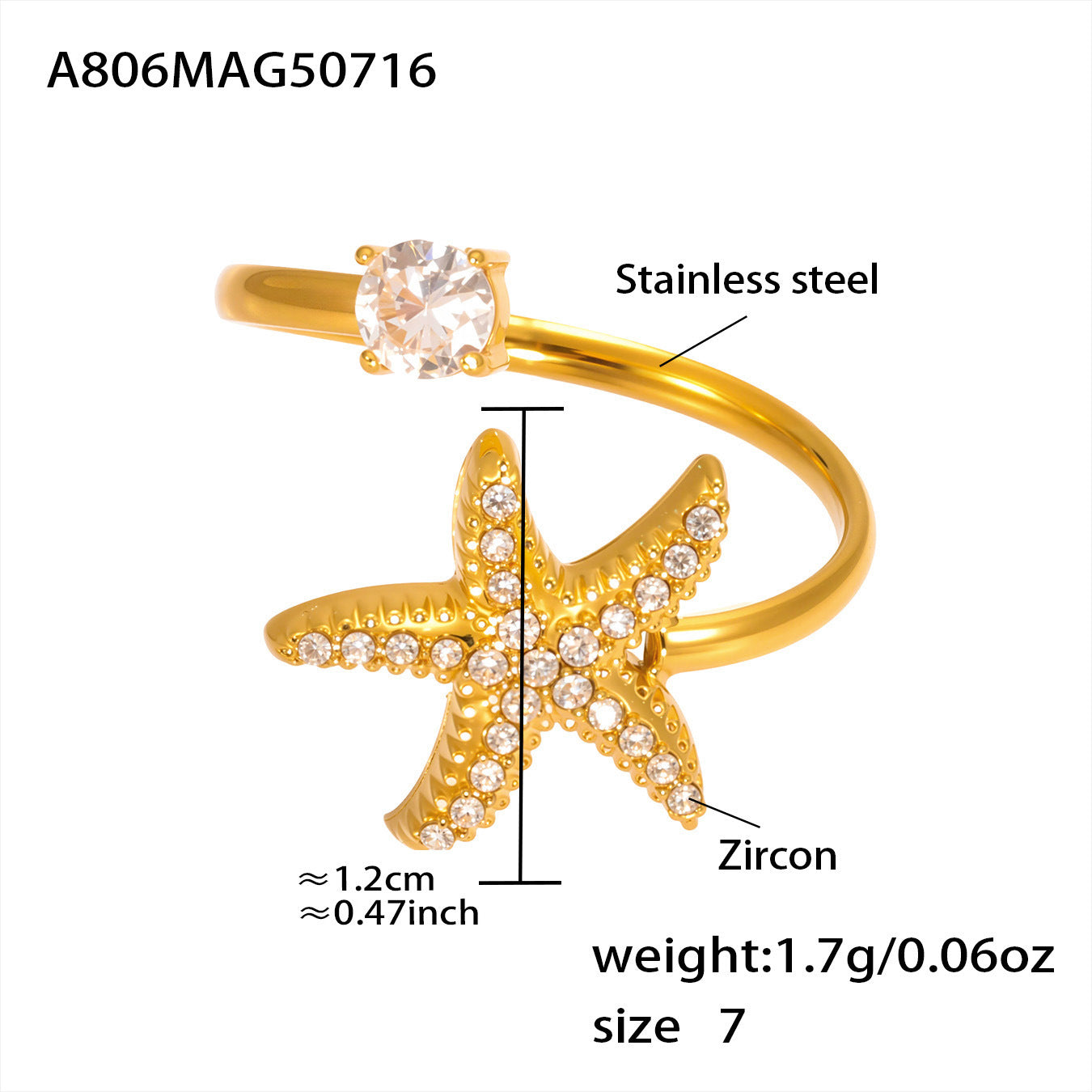 Starfish Stainless Steel Ring — 18K Gold PVD — FOG-RG-0099-GD