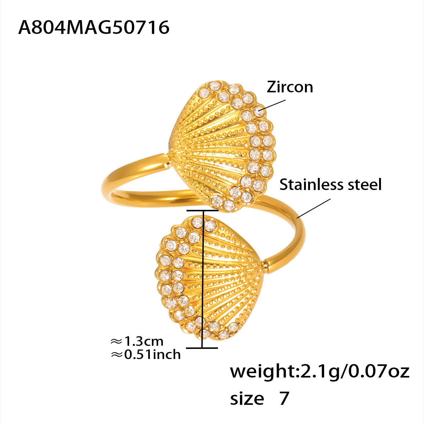 Seashell Stainless Steel Ring — 18K Gold PVD — FOG-RG-0095-GD